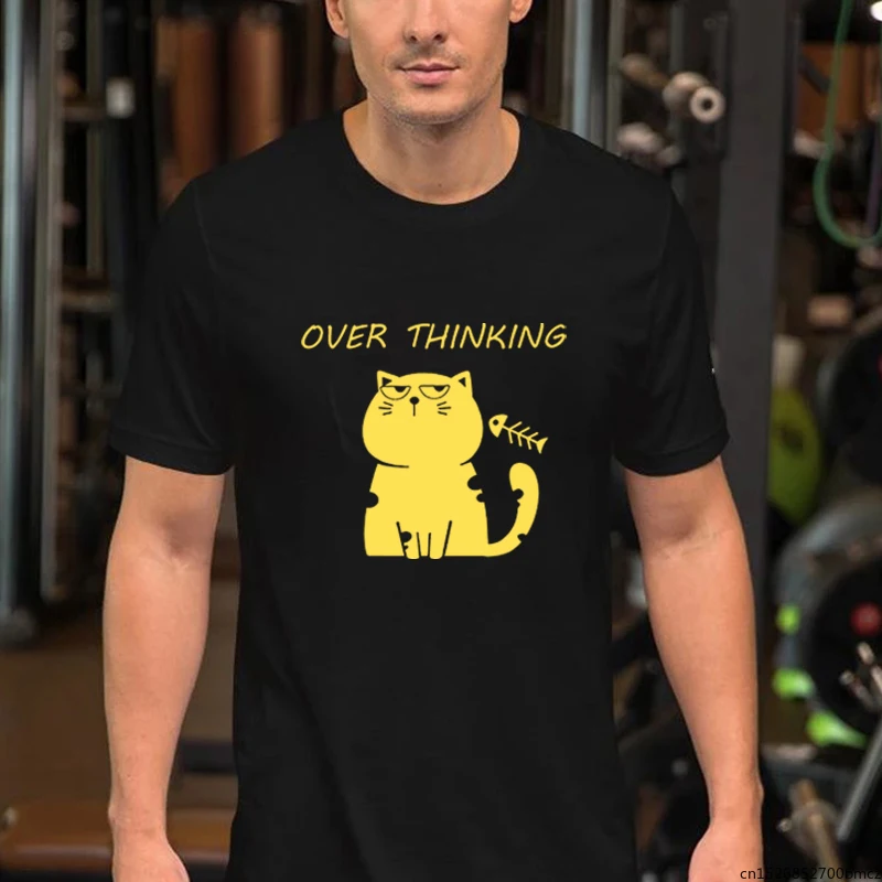

Футболка мужская с рисунком кошки и надписью «Over Thinking», модная тенниска с графическим принтом в стиле Харадзюку, повседневная майка, улична...