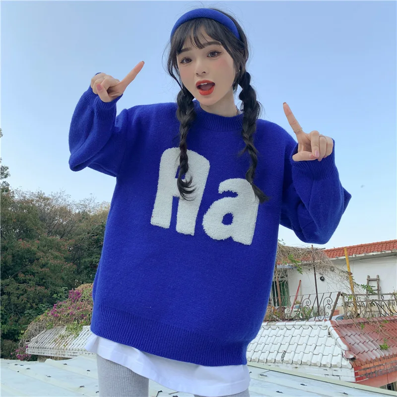 

Женский вязаный свитер с круглым вырезом, свободный Толстый Пуловер с буквенным принтом в Корейском стиле, Повседневный свитер, Осень-зима ...
