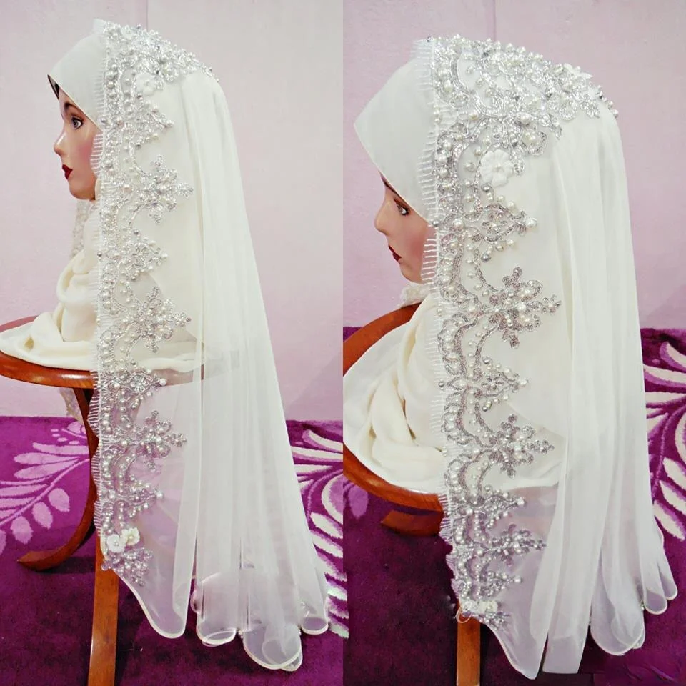 

Fabulous Arabic Muslim Bridal Veils Chic Appliqued Lace Beaded Dubai Saudi Arab Wedding Veil Women Special Occasion Accessories