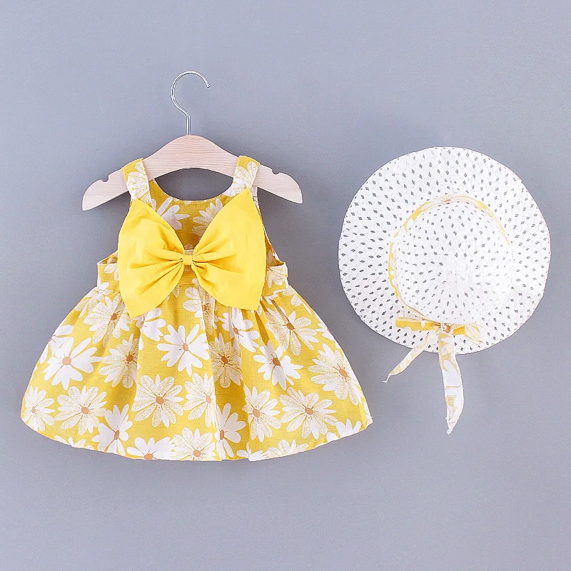 

2021 New Fashion Baby Girl Dresses Princess clothing Cute 2pcs set Party Cotton Flower Children Bow Hat Sleeveless Sweet 1-3Y