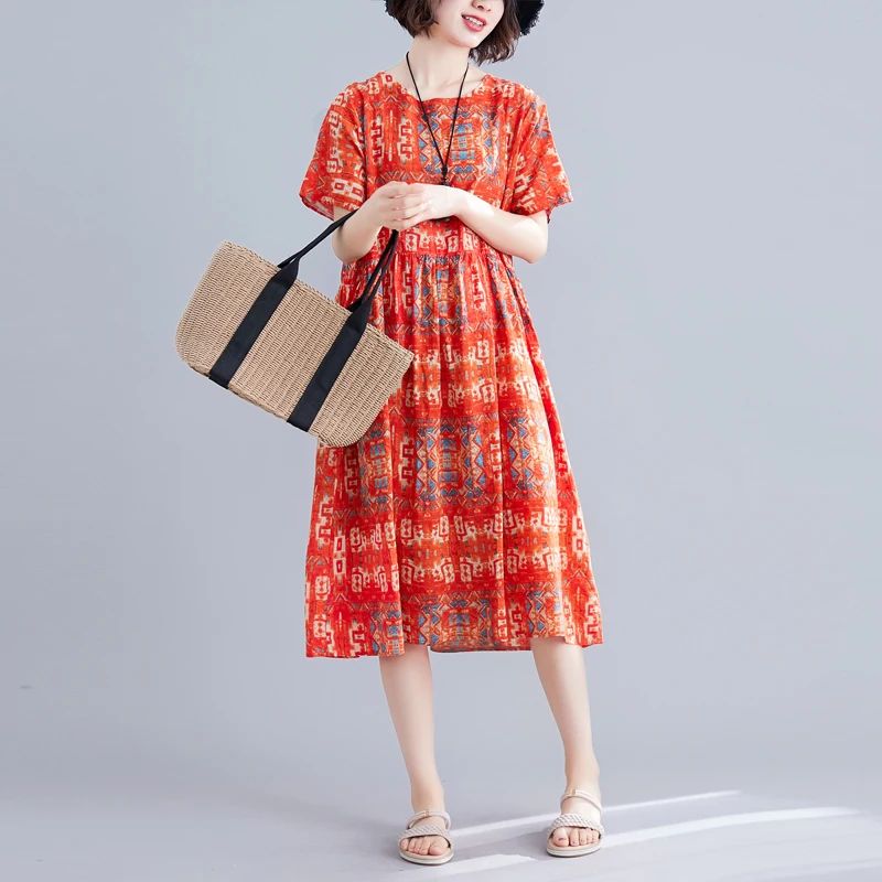 2021 Новое летнее платье граффити винтажное хлопковое льняное с коротким рукавом О