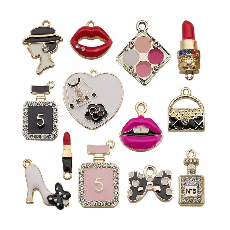 

Mix 13pcs/pack Sexy Mouth Lipstick Perfume Make Up Enamel Charms for Earring Bracelets DIY Jewelry Making