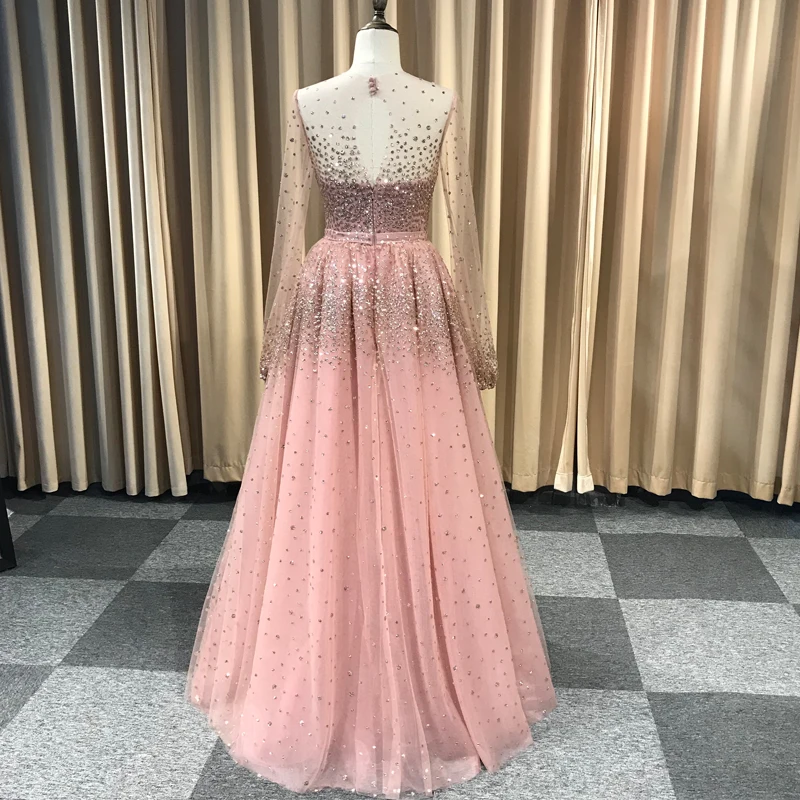 Full Crystals Pink Prom Dresses Beads Sheer Neck Long Sleeves Evening Gowns Women Party Dresses Custom Made Real Picture