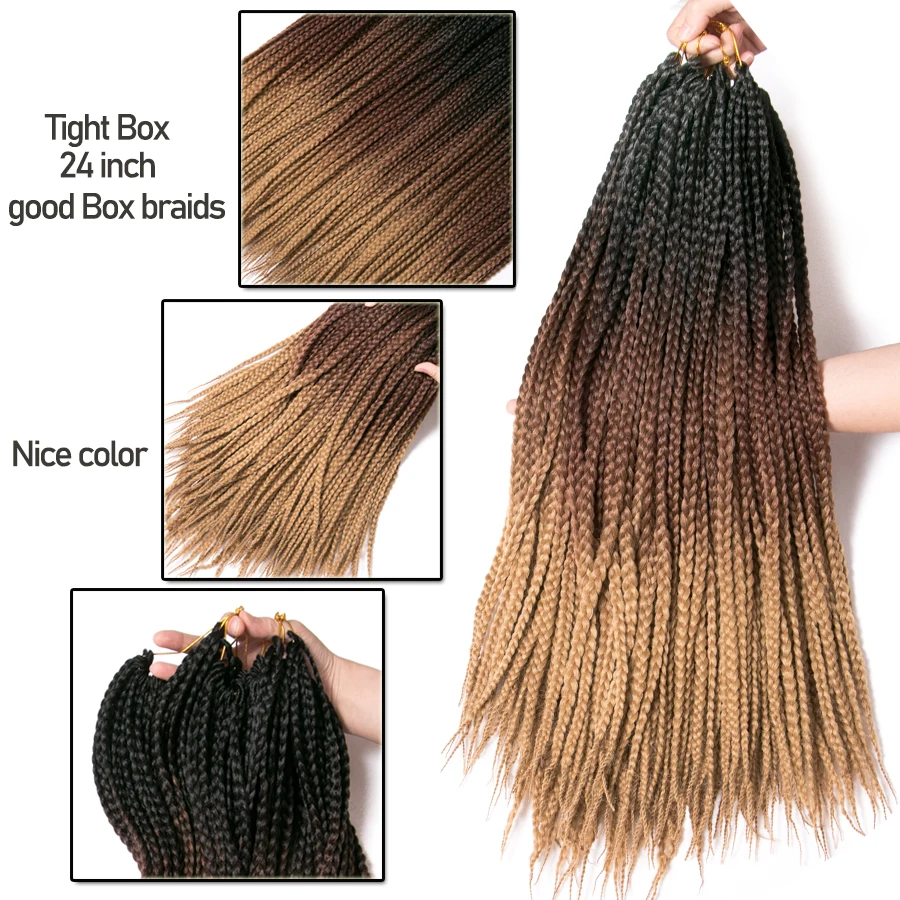 24 Inch Ombre Box Braid Crochet Braids Hair Extensions, Synthetic Heat Resistant Fiber, 22 Roots/Piece, Two and Three Tone image 2