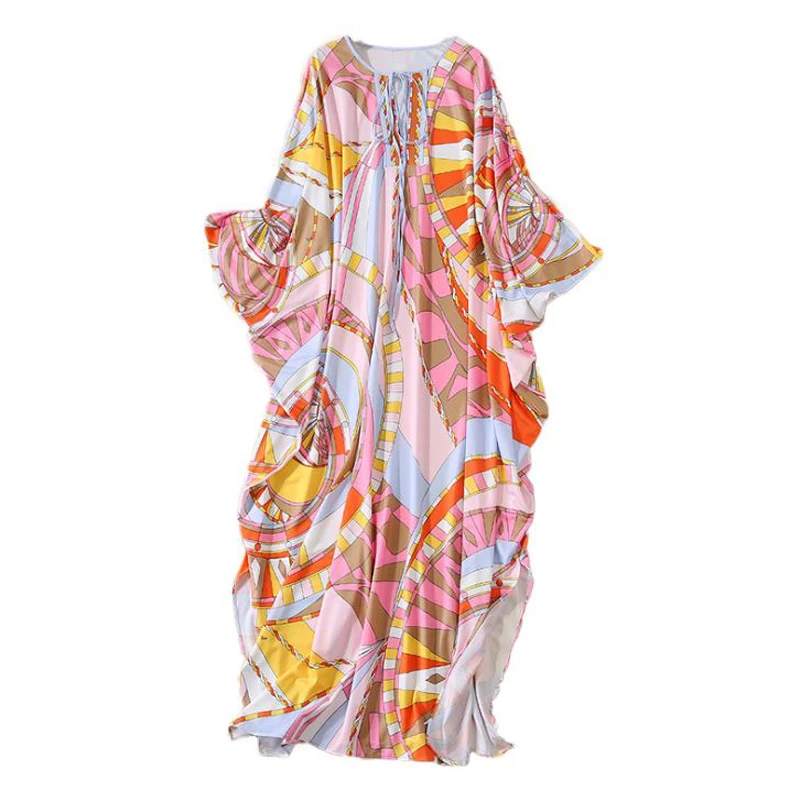 

Women's Runway Loose Design Autumn Dresses Lace Up Batwing Sleeves Multicolor Printed Elegant High Street Boho Maxi Dresses