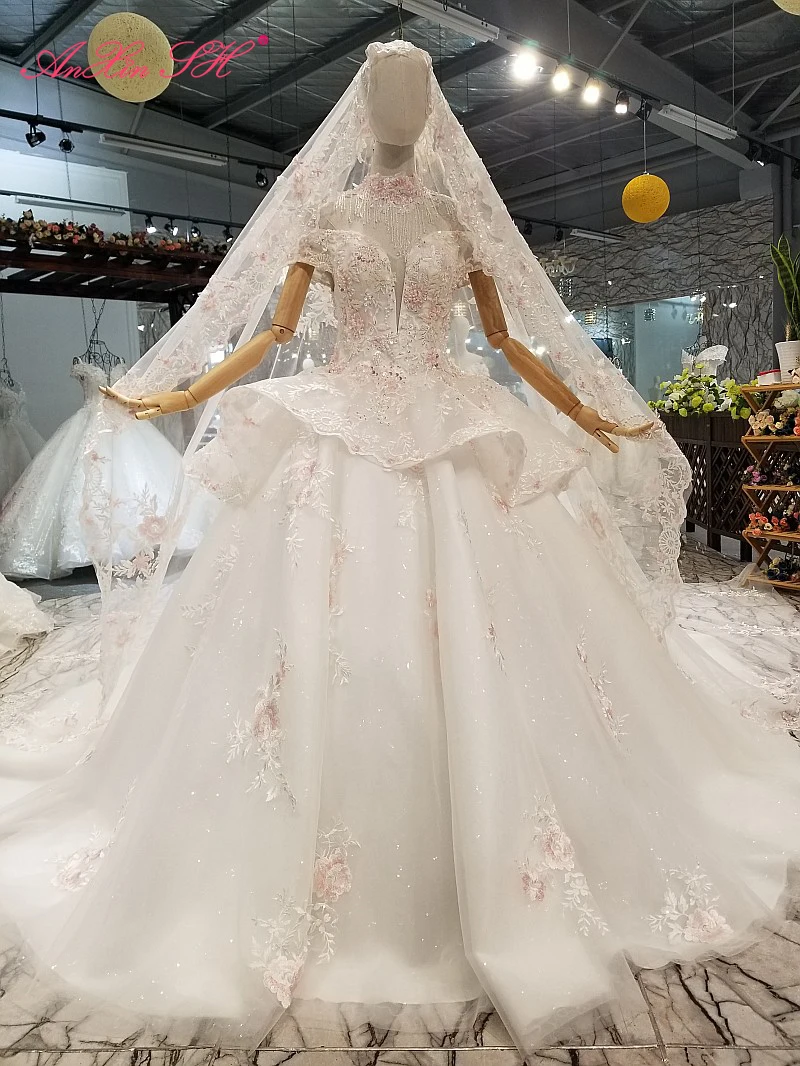 

AnXin SH Luxury princess pink flower white lace beading crystal illusion boat neck lace up white wedding dress 100% real photo