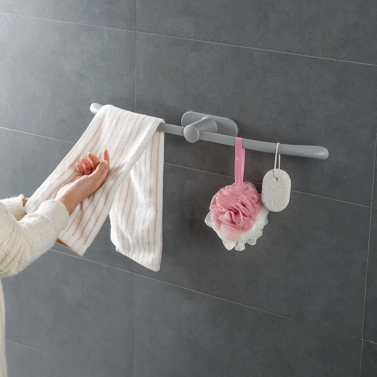 

Long Plastic Puch Free Towel Holder Racks Wall Mounted Bathroom Towel Hanger Shelf Organizer