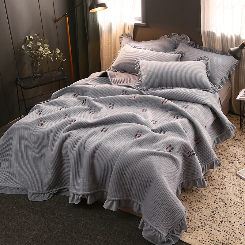 Серый желтый розовый мягкий бархат флис стеганые оборки Вышивка покрывало на