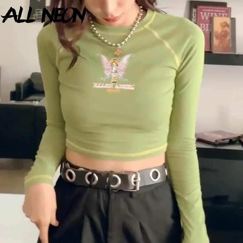 ALLNeon Y2K/модные милые зеленые топы с рисунком и буквенным принтом в стиле E girl
