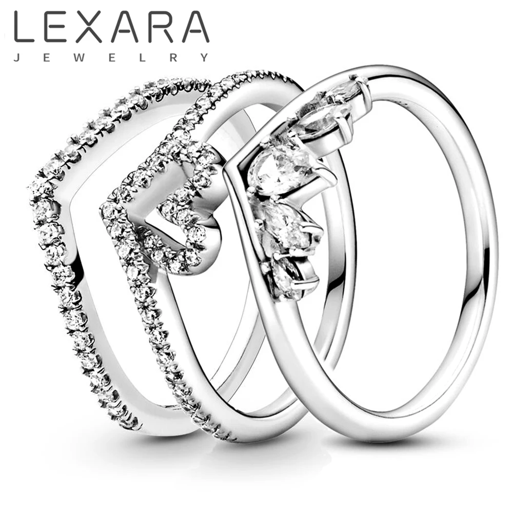 

LEXARA Luxury Eternity Promise Stackable Crown Wishbone Heart Wedding Ring For Women Sparkling Zircon Engagement Party Jewelry