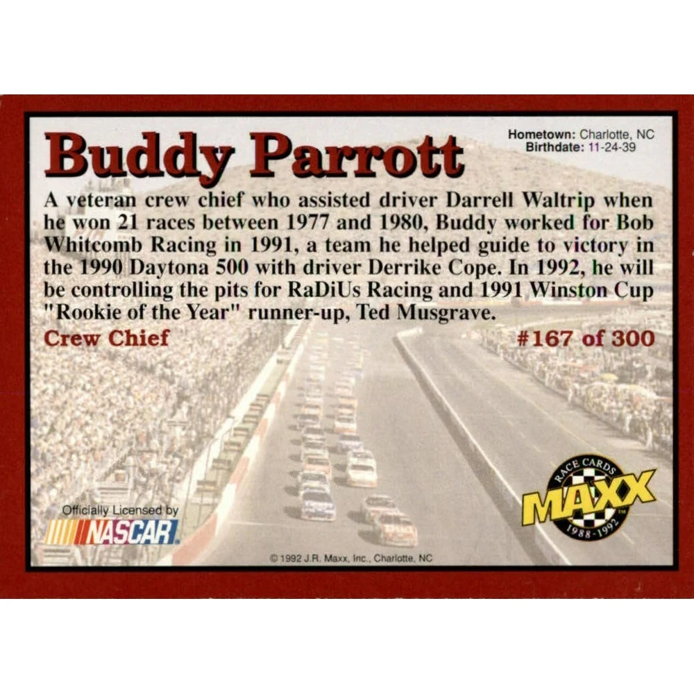 Maxx 1992 Коллекционная карточка Nascar №167 Buddy Parrott |