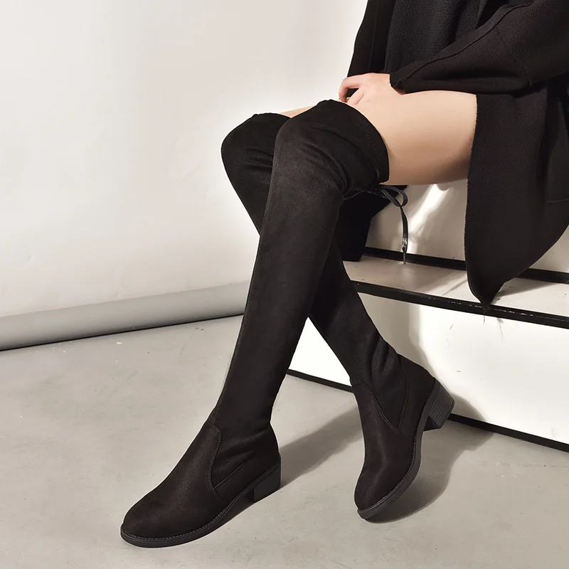 

Women Long Boots Over The Knee Thick Bottom Super High Hollow Heel Ladies Boots Square Toe Zipper Waterproof Fashion Boots