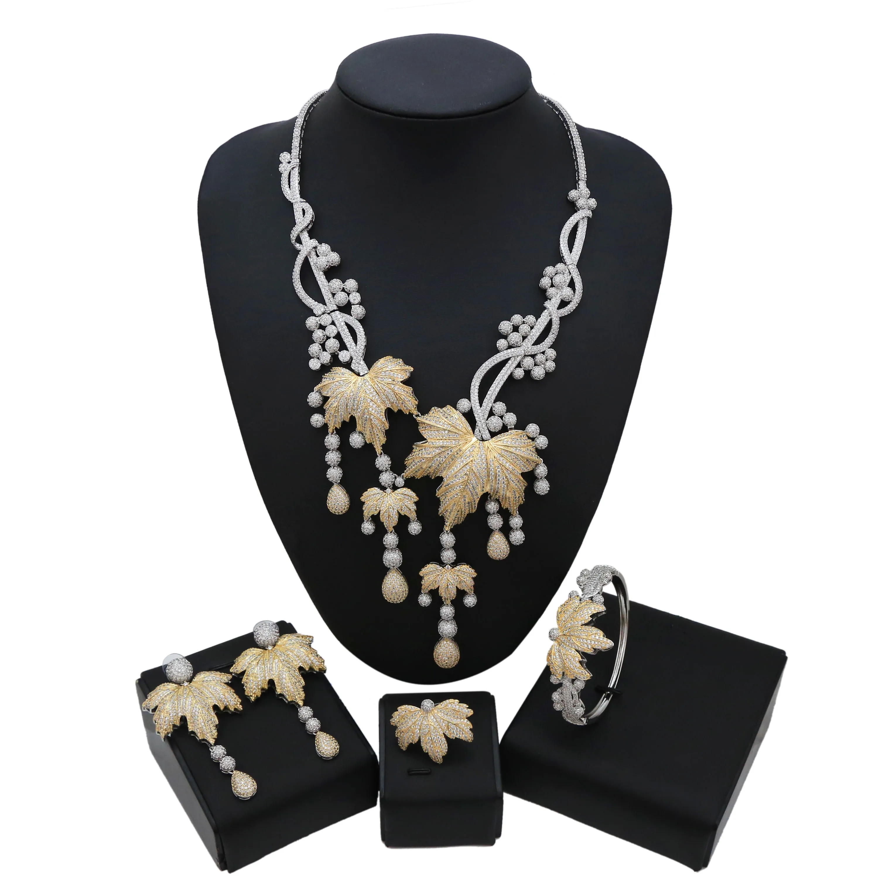 

Yulaili Wedding Jewelry Sets Heart And Arrow Cubic Zirconia Maple Leaf Necklace Earrings Bracelet Ring Charm Women Jewelery Set