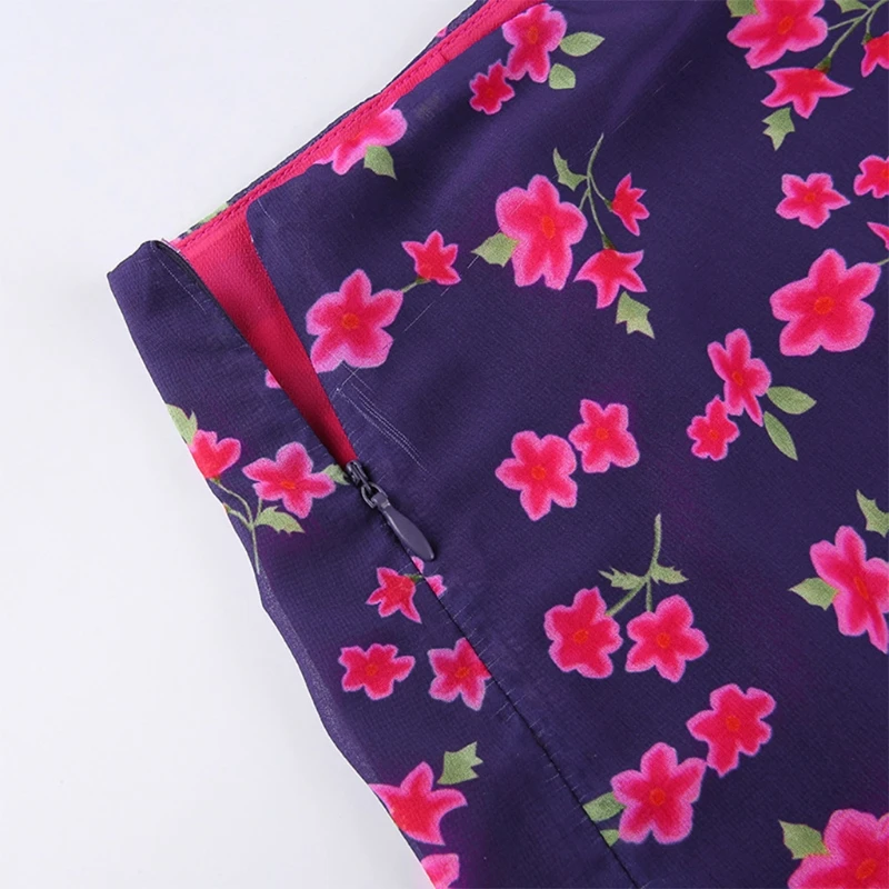 

Women High Waist Vintage Plum Blossom Floral Printed A-Line Chiffon Midi Long Skirt Asymmetric Patchwork Hem Streetwear