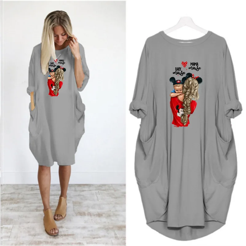 

Fall Women Loose Dress Long Sleeve Mom Baby Print O Neck Pocket Vintage Party Casual Vestidos Robes Mujer