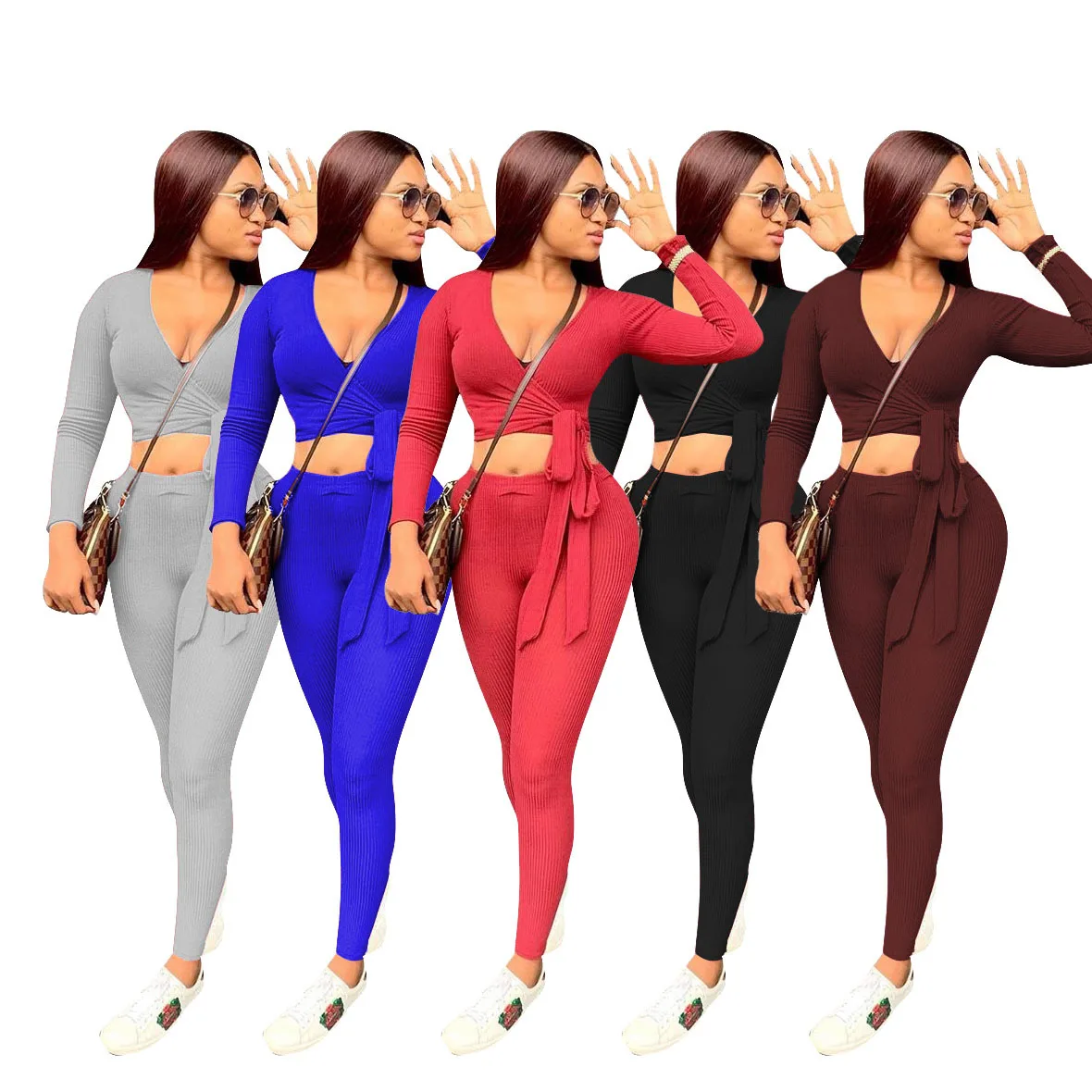 

11TS1080 Autumn Winter Women Casual Fashion Solid Navel Skinny Bandage Two Piece Set Top and Pants Tracksuit Sweatsuit Outfits