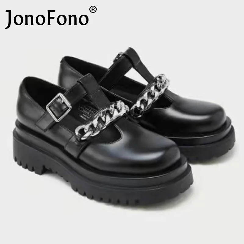

JonoFono Women Flat Shoes Chains Round Toe Women'S Shoes Platform Buckles Square Heels Fashion Female Footwear Size 35-40