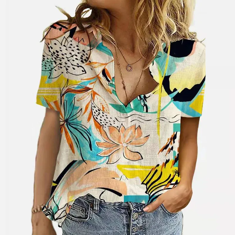 

Vintage 3D Print Button Up Turn Down Collar Casual Blouse Shirt Short Sleeve Summer Women Tops Ladies Office Plus Size Blusas