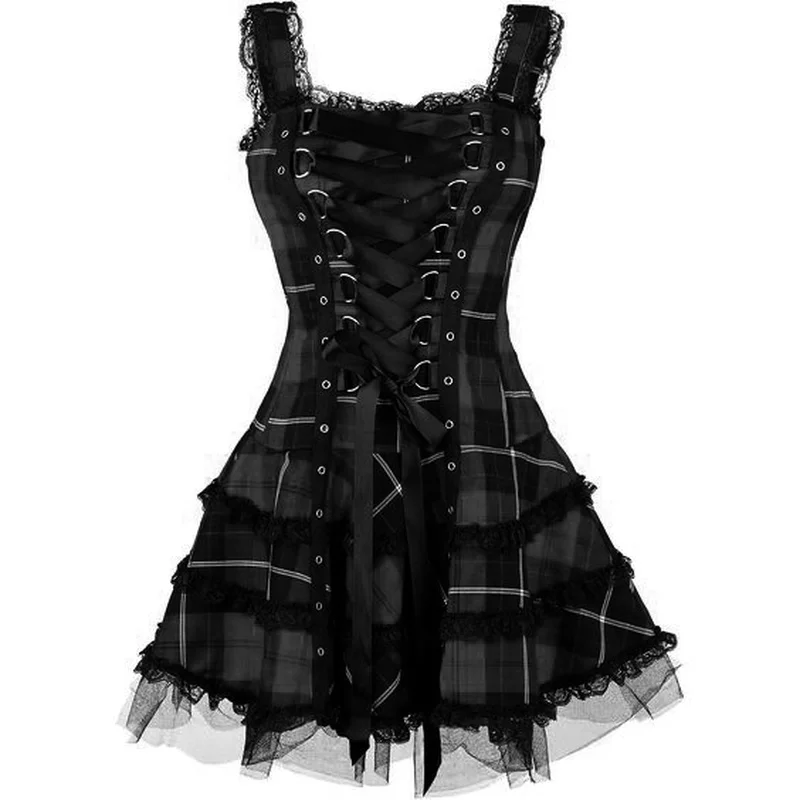 

Woman Dress Sleeveless Slim Cross Lace-up Bandage Lace Skirt Plaid Retro Gothic Style Dresses Party Cosplay Costume Plus Size