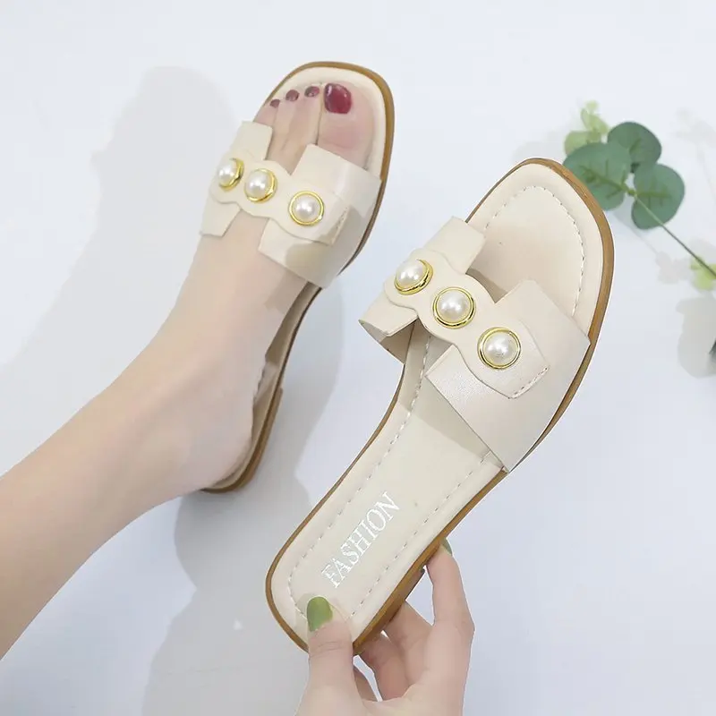 

String Bead Square Toe Shoes Woman 2021 Slippers For Swimming Pool Flower Luxury Slides Pantofle Beach Rubber Flat Summer Design