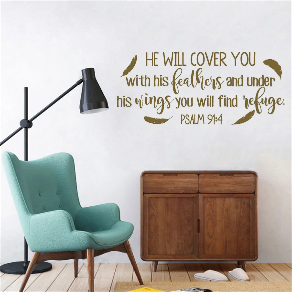 

PSALM He Will Cover You With His Feathers Bible Verse Wall Decal Family vinyl Wall sticker Christian Scripture Wall decor