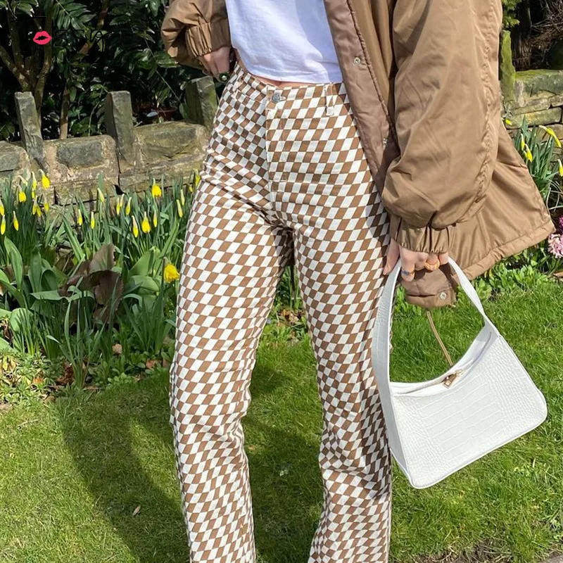 

Tossy Fashion Plaid Pants For Women Streetwear High Waist Straight Leg Female Trousers Argyle Y2K Aesthetic Casual Brown Pants
