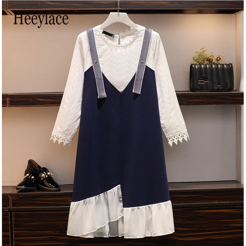 Женское прямое платье с оборками размера плюс Осеннее кружевное из двух частей