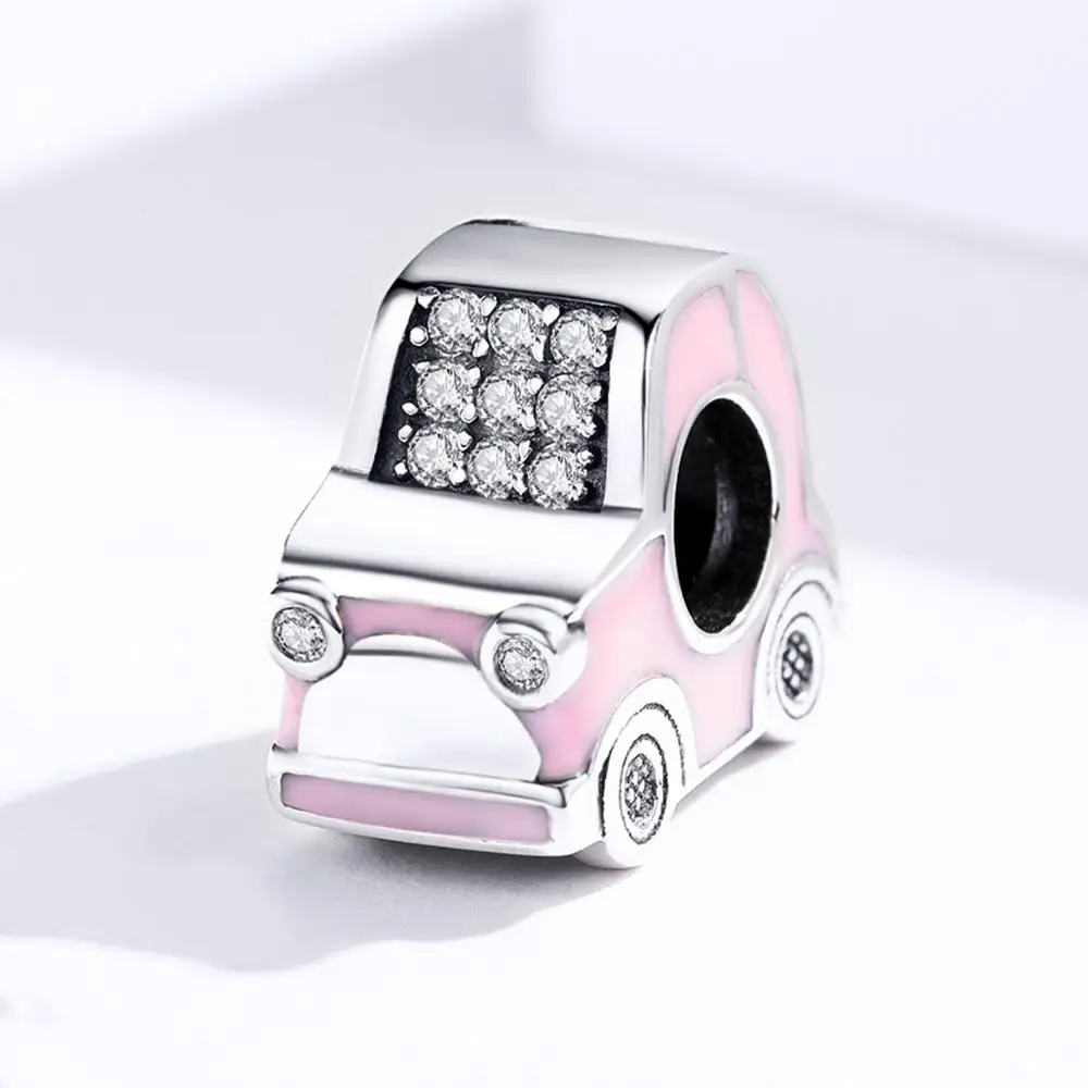 

Car Beads Pink Enamel Metal Charm Clear CZ Bead fit Female Original 925 Charms Bracelets or Bangle Fashion Jewelry