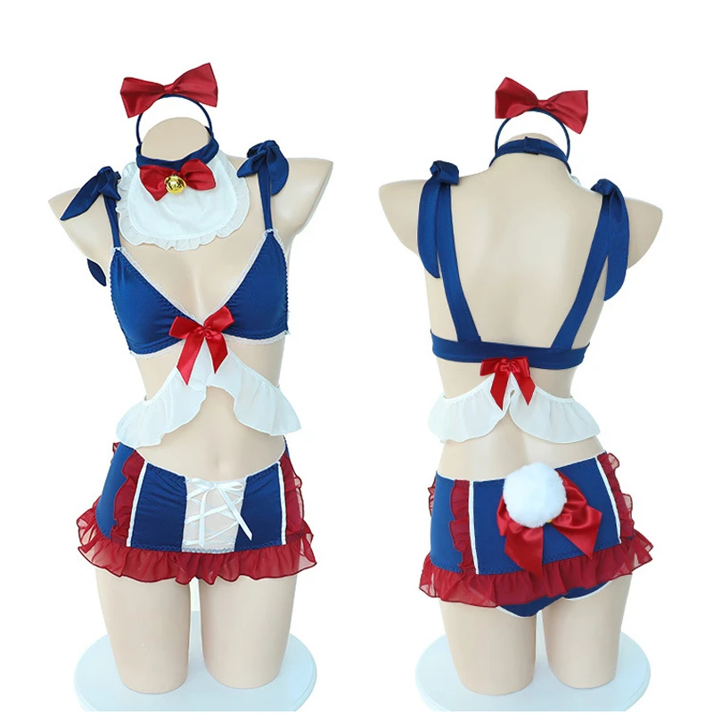 

Sexy Women Maid Cosplay Lingerie Cute Bunny Tail Underwear Kawaii Maid Erotic Uniform Lolita Blue Bra Miniskirt Set
