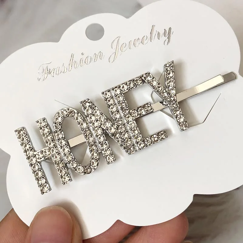 HONEY-Silver 1 шт. женские буквы Стразы хрустальные шпильки для волос металлические заколки для волос аксессуары для волос серебро/золото да/секс/поцелуй - Цвет: HONEY-Silver