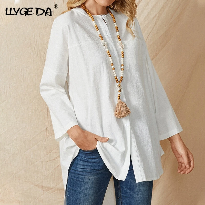 

White Cotton Women Shirt Solid O-neck Long Sleeve Botton Women's Shirts 2021 Summer Casual Fashion Woman Blouses Top