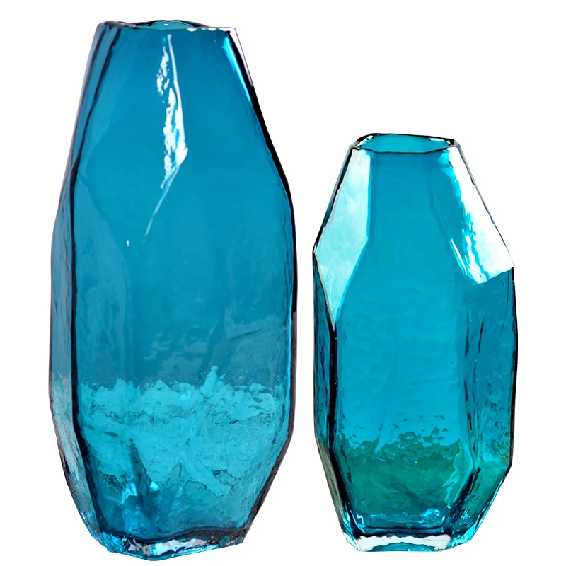 

New Creative Handmade Glass Vase Floral Art Blue Floral Arrangement Craft Decoration Desktop Diamond Transparent Bottle