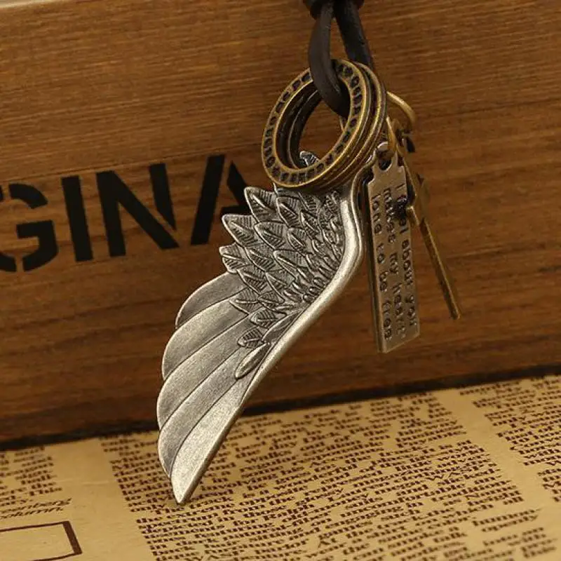 Ожерелье из натуральной кожи для мужчин Винтажное колье с ангельскими крыльями