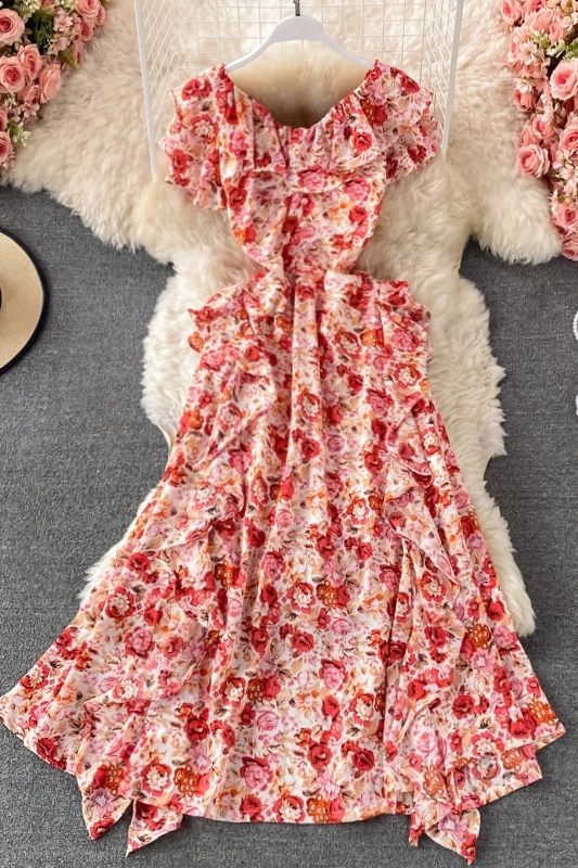 

Elegant chic Chiffon ruffles Maxi Dress summer women's V-neck high waist floral temperament big swing A-line dress new 2021 Robe