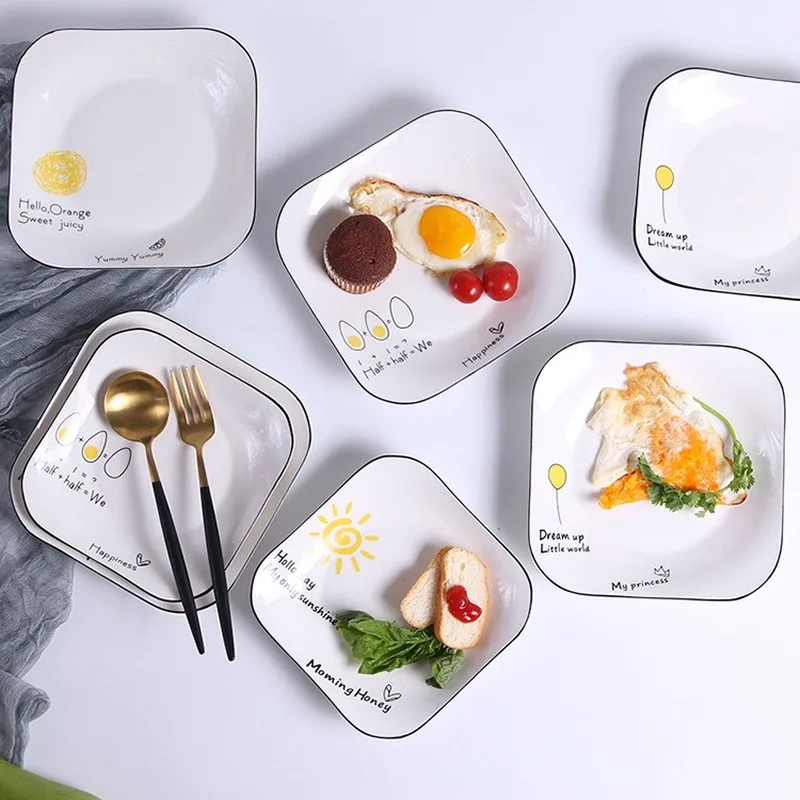 

Ceramic Plate Hand-Painted Black Square Plate Hotel Tableware Fruit Dish Dessert Plate Cartoon Bowl Plate Set Bone China
