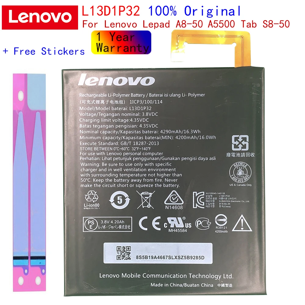 

100% Оригинальный протестированный для Lenovo Lepad A8-50 A5500 Tab S8-50 аккумулятор L13D1P32 аккумулятор 4290 мАч
