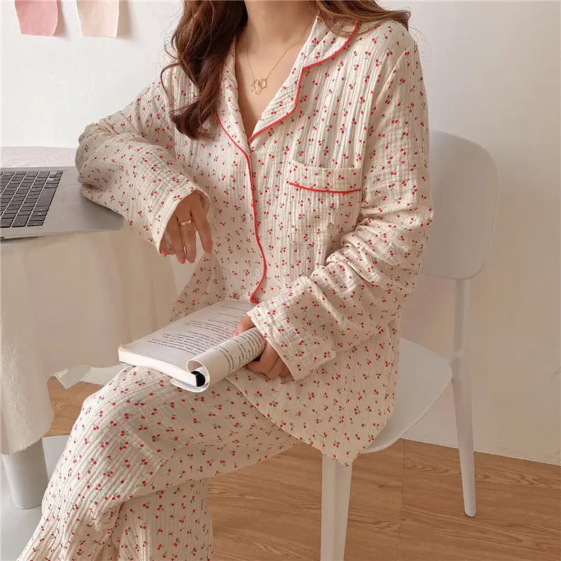 

QWEEK Sleepwear Women's Cotton Cherry Print Pijama Korean Pajamas Long Sleeve Autumn Female Lounge Set Pyjamas 2 Piece Cardigan