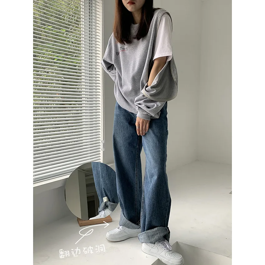 

Han Jeans Female Edition Ins Boyfriend Wind Blast East Gate Street Chic Flanging Hole Wide-legged In Fall Of 2021