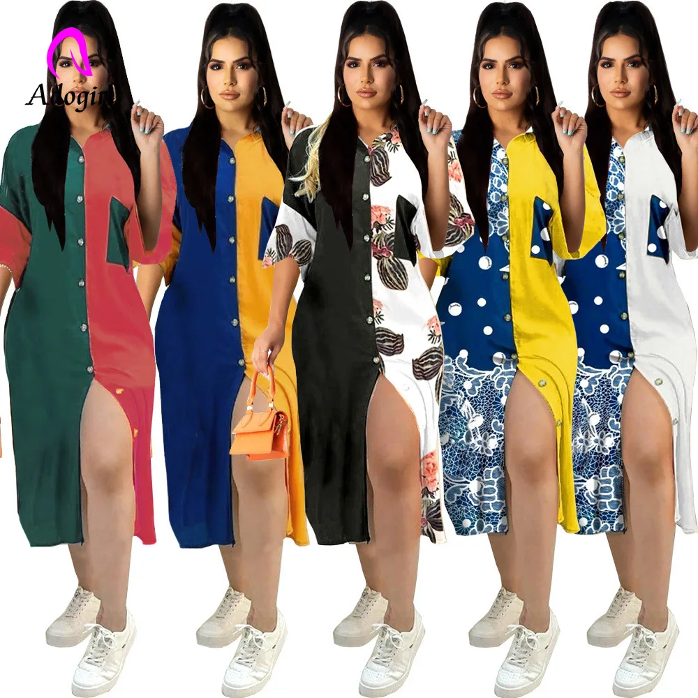 

Printed Women Shirts Dresses Color Patchwork Button Up 2021 Summer New Outfits Sexy Club Party Activewear Sun Protection Shirts