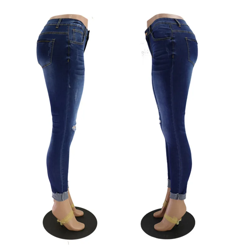 

high elasticity low waist tight sexy holes tassels blue women's denim trousers