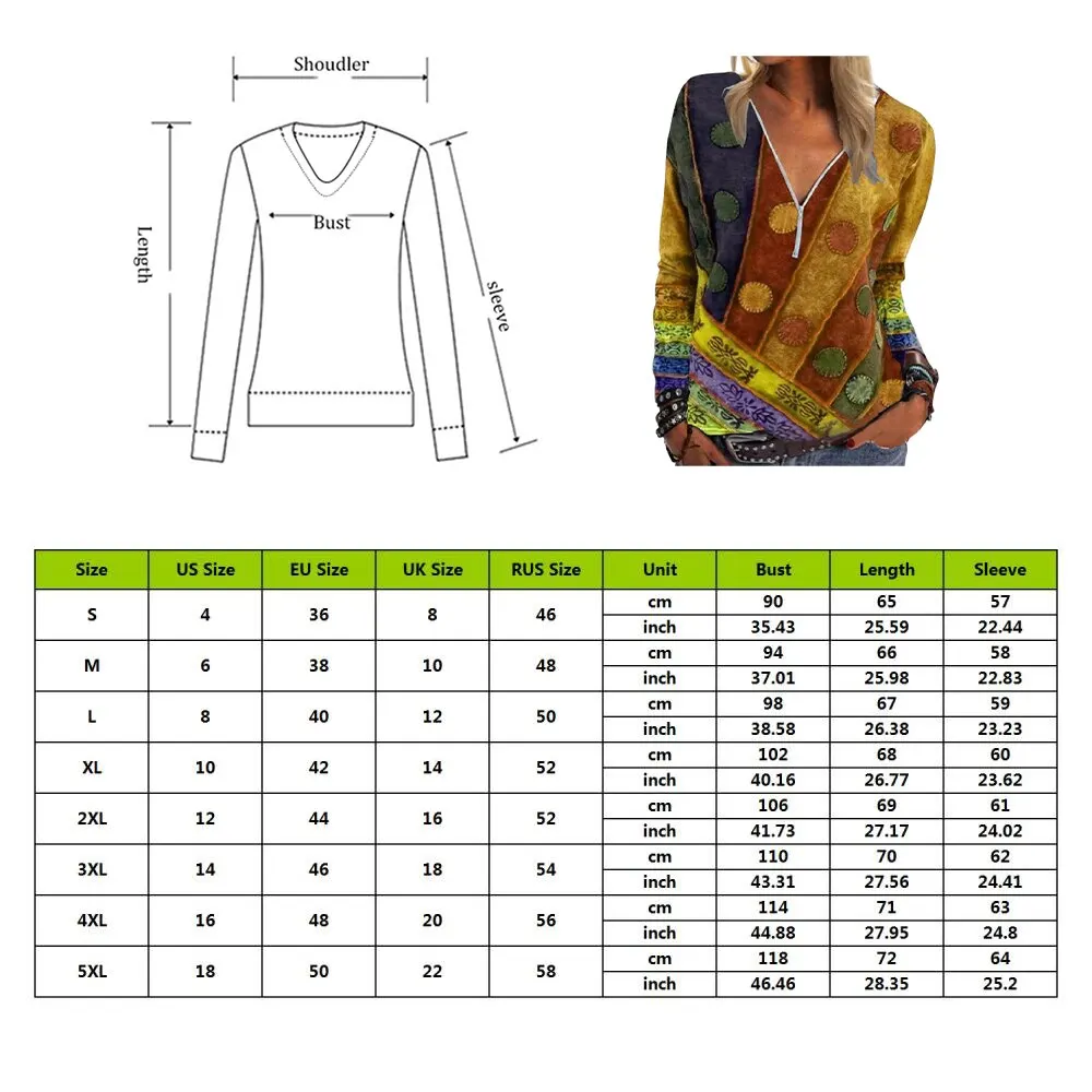 

Women's T-shirt Spring and Summer New Fashion Vintage Printed Zipper V-neck Long Sleeve T-shirt Casual Plus Size Soft Top 2021