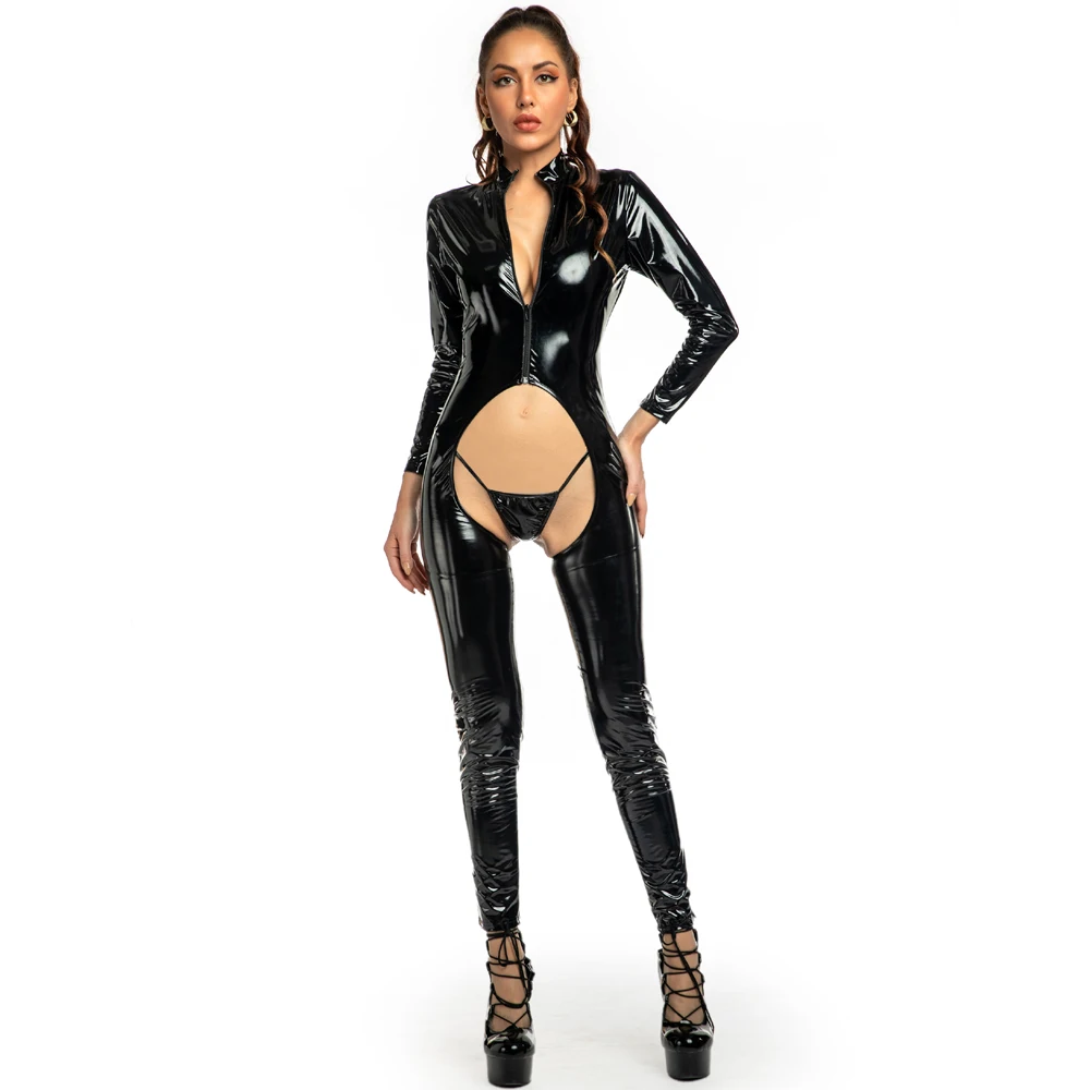 Мокрый Вид ПВХ Облегающий комбинезон с длинными рукавами боди открытой