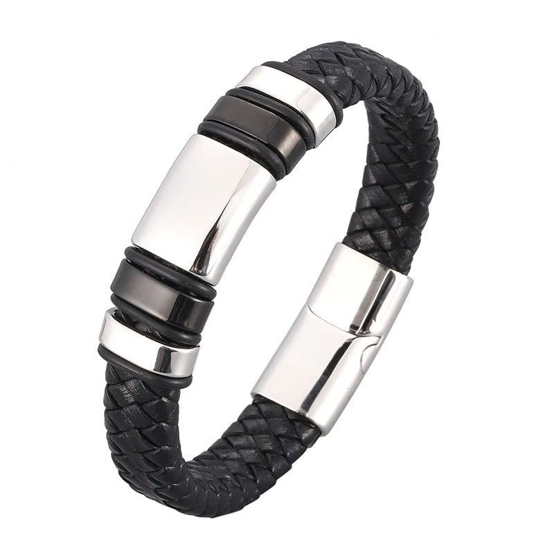 

Trendy Mens Jewelry Black Braided Leather Rope Bracelet Magnetic Buckle Bangles Punk Hip Hop Accessories Male Wrist Band PD0987