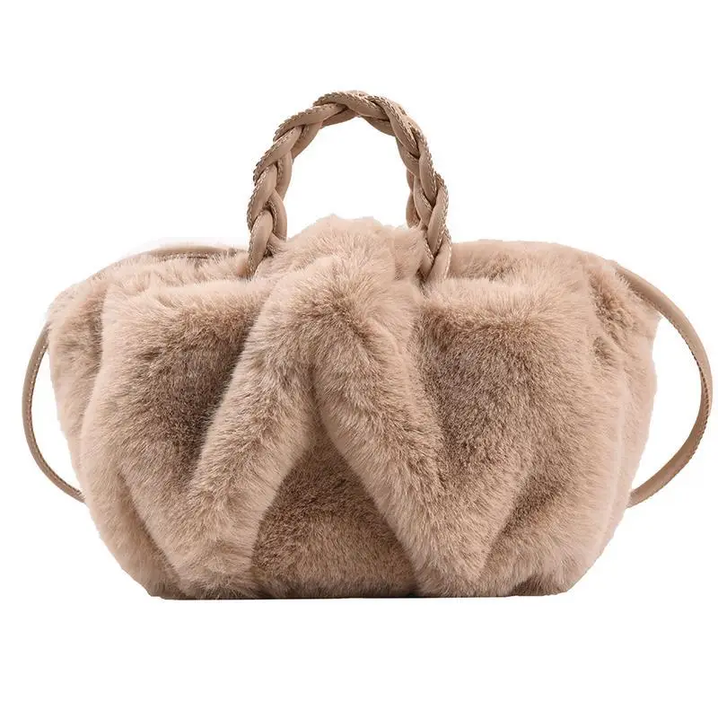 

2022 Faux Fur Totes with Woven Handle Winter New High-quality Soft Plush Women's Designer Handbag Travel Shoulder Bag