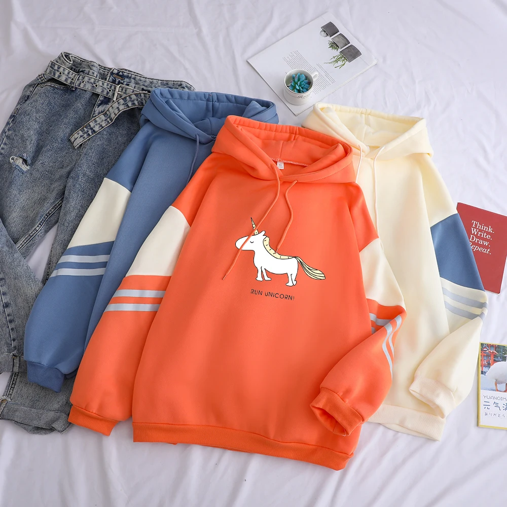 

Unicorn Milk Print Hoodies Sweatshirt Women Autumn Winter Fleece Casual Contrast Color Harajuku Kawaii Cartoon Clothes Sudaderas