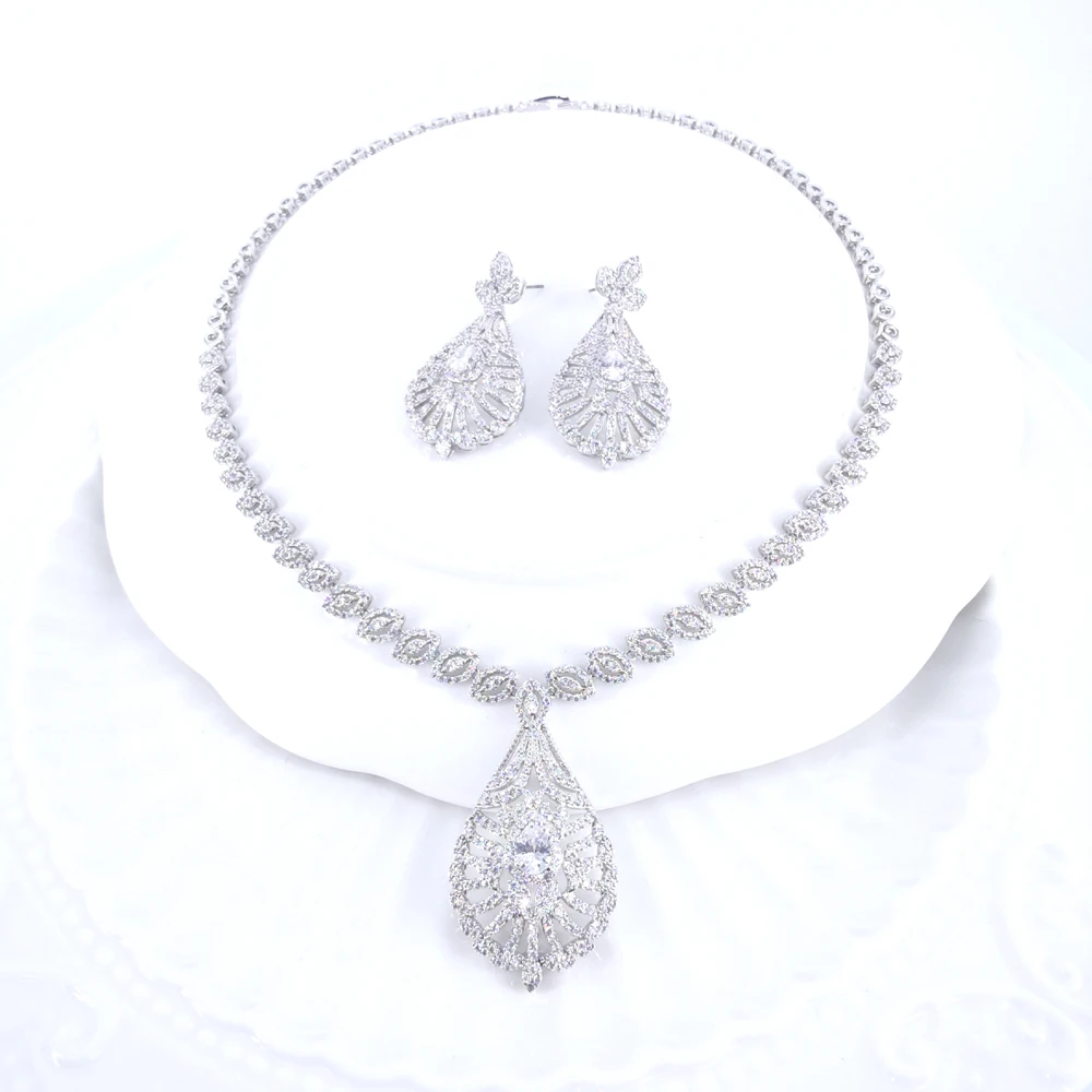 

Новинка 2021, модное роскошное свадебное ожерелье и серьги в стиле ретро с фианитами для невесты, набор ювелирных изделий