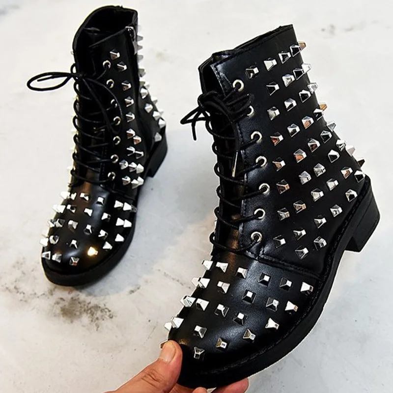 

Women Ankle Boots Fashion PU Leather Hot Lace Up Shoes Platform Ladies Rivet Zippers Female Sexy Short Punk Boots 2020 New