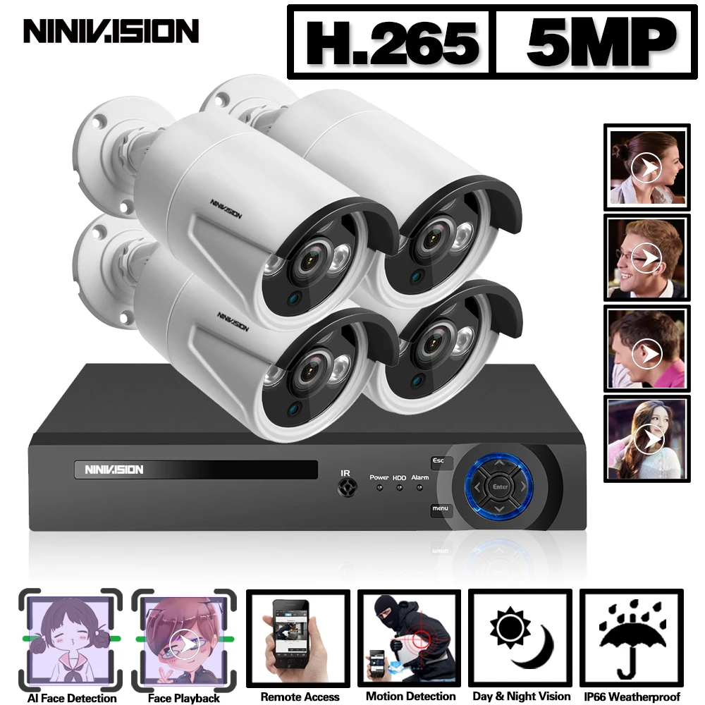 Распознавание лица 4CH 5MP Ultra HD POE видео система безопасности H.265 + NVR с 4X наружной