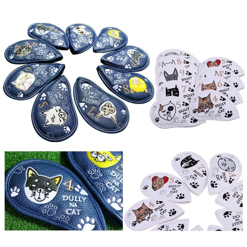 

9 Pcs Portable Golf Club Headcovers Cute Cartoon Cat Pattern PU Waterproof Cover 652D