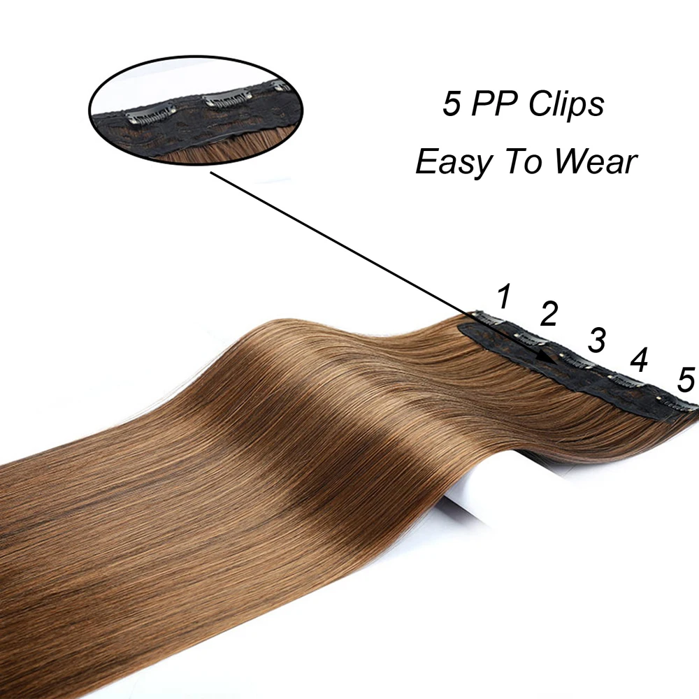 GIRLSHOW 10pcs Long Straight 24" Synthetic Clip-in One Piece 5 Clips In Hair Extensions For Women Black Brown | Шиньоны и парики